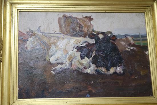 Attributed to Yuri Lyubavin, oil on canvas laid on board, Cows, 28 x 41cm